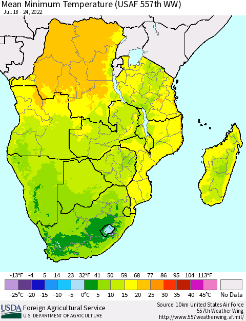 Southern Africa Mean Minimum Temperature (USAF 557th WW) Thematic Map For 7/18/2022 - 7/24/2022