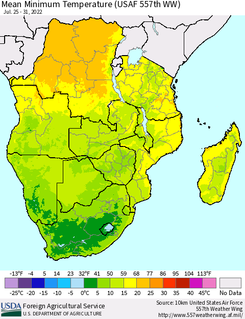 Southern Africa Mean Minimum Temperature (USAF 557th WW) Thematic Map For 7/25/2022 - 7/31/2022