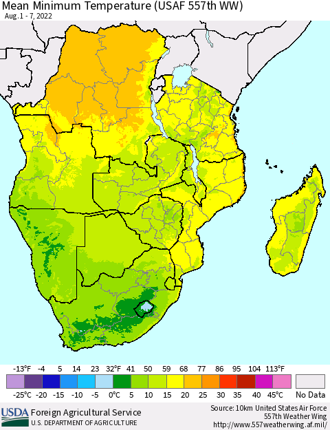 Southern Africa Mean Minimum Temperature (USAF 557th WW) Thematic Map For 8/1/2022 - 8/7/2022