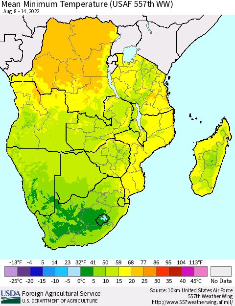 Southern Africa Mean Minimum Temperature (USAF 557th WW) Thematic Map For 8/8/2022 - 8/14/2022