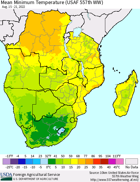 Southern Africa Mean Minimum Temperature (USAF 557th WW) Thematic Map For 8/15/2022 - 8/21/2022