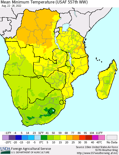 Southern Africa Mean Minimum Temperature (USAF 557th WW) Thematic Map For 8/22/2022 - 8/28/2022