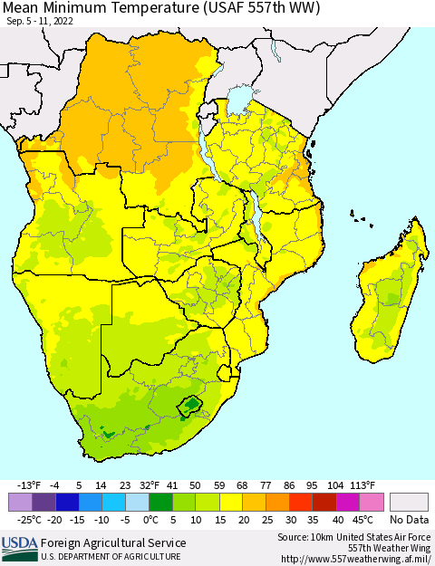 Southern Africa Mean Minimum Temperature (USAF 557th WW) Thematic Map For 9/5/2022 - 9/11/2022