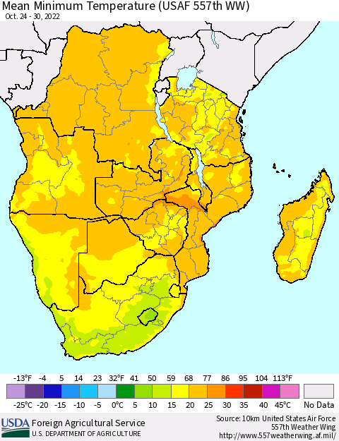 Southern Africa Mean Minimum Temperature (USAF 557th WW) Thematic Map For 10/24/2022 - 10/30/2022