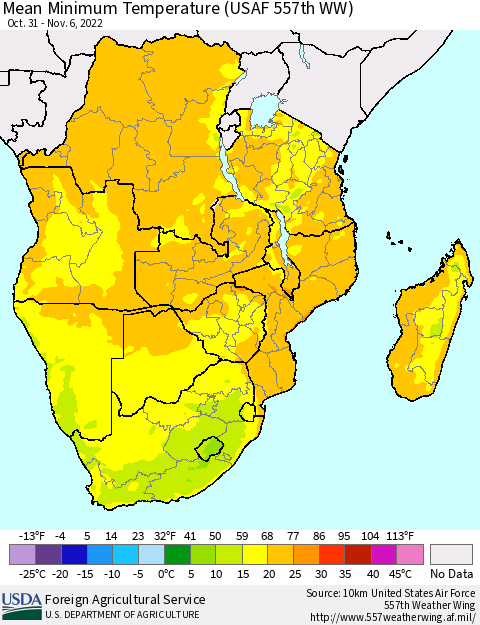Southern Africa Mean Minimum Temperature (USAF 557th WW) Thematic Map For 10/31/2022 - 11/6/2022