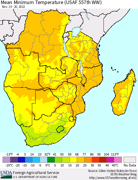 Southern Africa Mean Minimum Temperature (USAF 557th WW) Thematic Map For 11/14/2022 - 11/20/2022