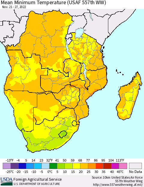 Southern Africa Mean Minimum Temperature (USAF 557th WW) Thematic Map For 11/21/2022 - 11/27/2022