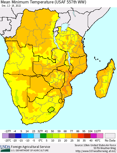 Southern Africa Mean Minimum Temperature (USAF 557th WW) Thematic Map For 12/12/2022 - 12/18/2022