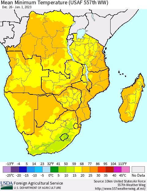Southern Africa Mean Minimum Temperature (USAF 557th WW) Thematic Map For 12/26/2022 - 1/1/2023
