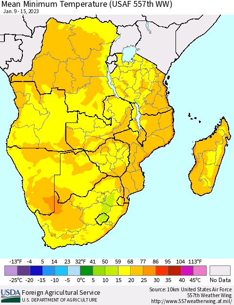 Southern Africa Mean Minimum Temperature (USAF 557th WW) Thematic Map For 1/9/2023 - 1/15/2023