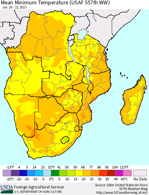 Southern Africa Mean Minimum Temperature (USAF 557th WW) Thematic Map For 1/16/2023 - 1/22/2023
