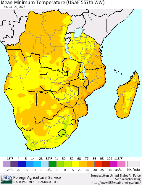 Southern Africa Mean Minimum Temperature (USAF 557th WW) Thematic Map For 1/23/2023 - 1/29/2023