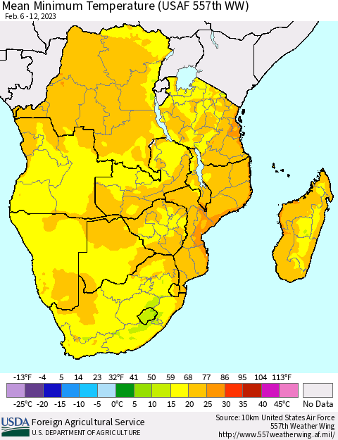Southern Africa Mean Minimum Temperature (USAF 557th WW) Thematic Map For 2/6/2023 - 2/12/2023