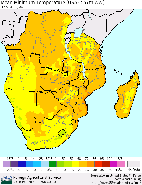 Southern Africa Mean Minimum Temperature (USAF 557th WW) Thematic Map For 2/13/2023 - 2/19/2023