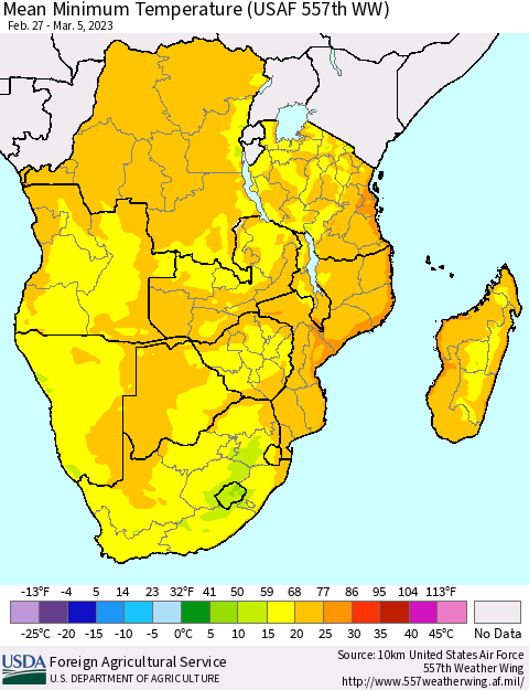 Southern Africa Mean Minimum Temperature (USAF 557th WW) Thematic Map For 2/27/2023 - 3/5/2023
