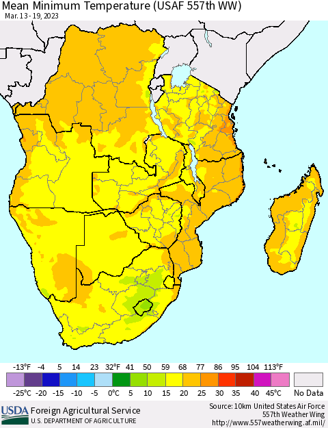 Southern Africa Mean Minimum Temperature (USAF 557th WW) Thematic Map For 3/13/2023 - 3/19/2023