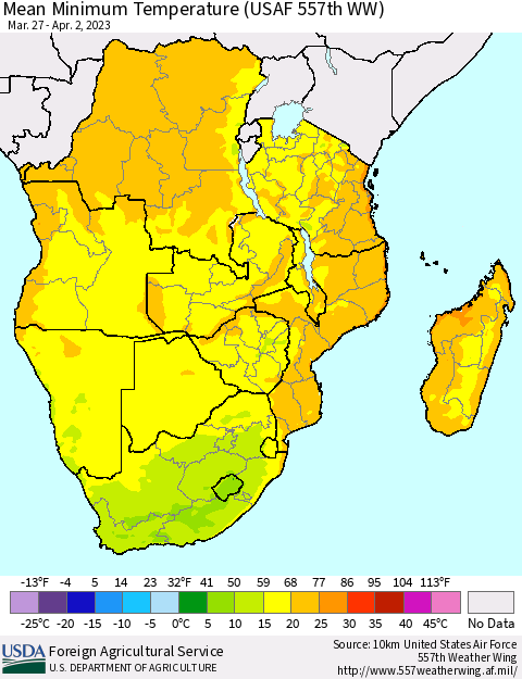 Southern Africa Mean Minimum Temperature (USAF 557th WW) Thematic Map For 3/27/2023 - 4/2/2023