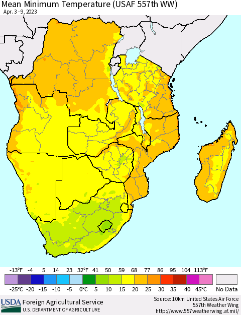 Southern Africa Mean Minimum Temperature (USAF 557th WW) Thematic Map For 4/3/2023 - 4/9/2023