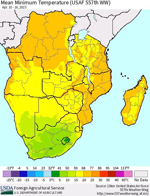 Southern Africa Mean Minimum Temperature (USAF 557th WW) Thematic Map For 4/10/2023 - 4/16/2023