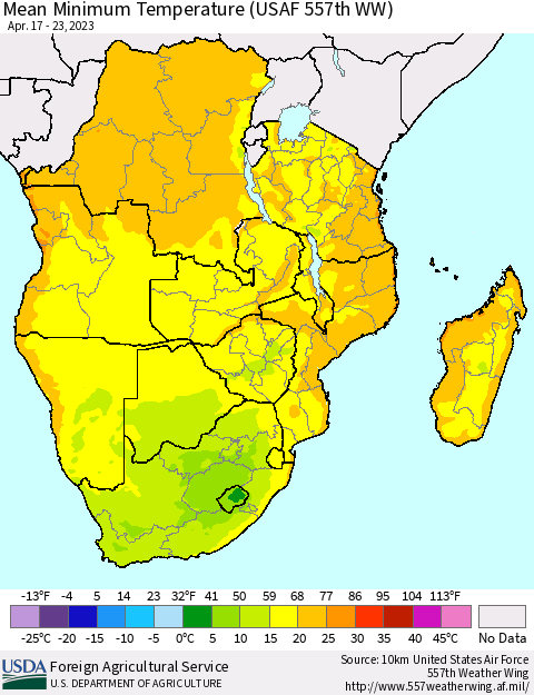 Southern Africa Mean Minimum Temperature (USAF 557th WW) Thematic Map For 4/17/2023 - 4/23/2023