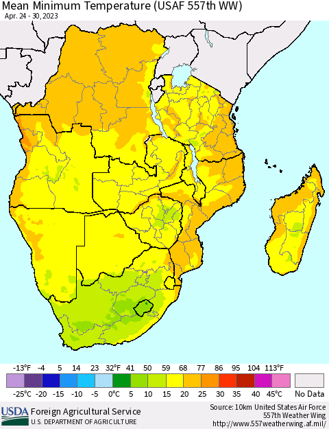 Southern Africa Mean Minimum Temperature (USAF 557th WW) Thematic Map For 4/24/2023 - 4/30/2023