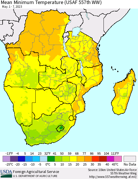 Southern Africa Mean Minimum Temperature (USAF 557th WW) Thematic Map For 5/1/2023 - 5/7/2023