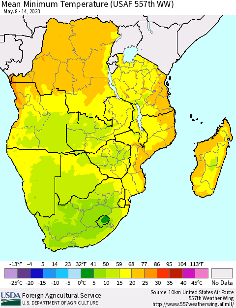 Southern Africa Mean Minimum Temperature (USAF 557th WW) Thematic Map For 5/8/2023 - 5/14/2023