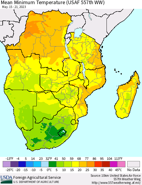 Southern Africa Mean Minimum Temperature (USAF 557th WW) Thematic Map For 5/15/2023 - 5/21/2023