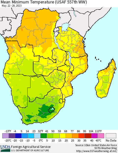 Southern Africa Mean Minimum Temperature (USAF 557th WW) Thematic Map For 5/22/2023 - 5/28/2023