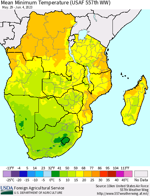 Southern Africa Mean Minimum Temperature (USAF 557th WW) Thematic Map For 5/29/2023 - 6/4/2023
