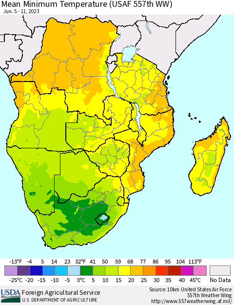 Southern Africa Mean Minimum Temperature (USAF 557th WW) Thematic Map For 6/5/2023 - 6/11/2023