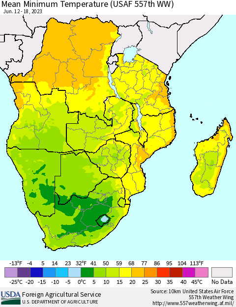 Southern Africa Mean Minimum Temperature (USAF 557th WW) Thematic Map For 6/12/2023 - 6/18/2023
