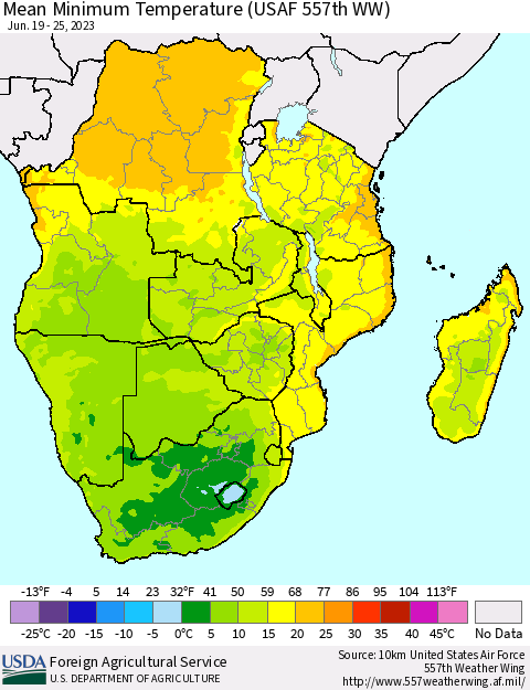Southern Africa Mean Minimum Temperature (USAF 557th WW) Thematic Map For 6/19/2023 - 6/25/2023
