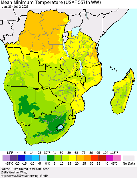 Southern Africa Mean Minimum Temperature (USAF 557th WW) Thematic Map For 6/26/2023 - 7/2/2023