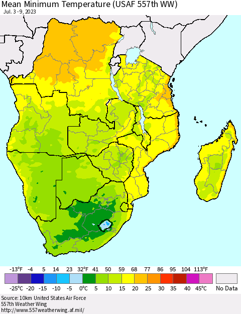 Southern Africa Mean Minimum Temperature (USAF 557th WW) Thematic Map For 7/3/2023 - 7/9/2023