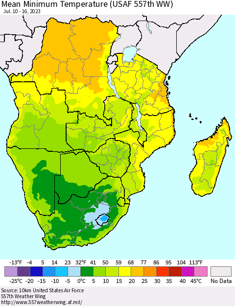Southern Africa Mean Minimum Temperature (USAF 557th WW) Thematic Map For 7/10/2023 - 7/16/2023