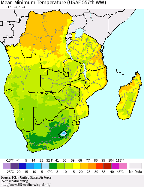 Southern Africa Mean Minimum Temperature (USAF 557th WW) Thematic Map For 7/17/2023 - 7/23/2023