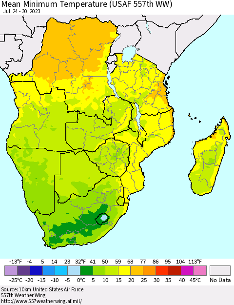 Southern Africa Mean Minimum Temperature (USAF 557th WW) Thematic Map For 7/24/2023 - 7/30/2023