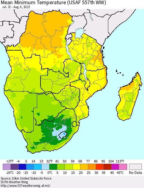 Southern Africa Mean Minimum Temperature (USAF 557th WW) Thematic Map For 7/31/2023 - 8/6/2023