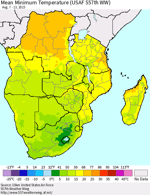 Southern Africa Mean Minimum Temperature (USAF 557th WW) Thematic Map For 8/7/2023 - 8/13/2023