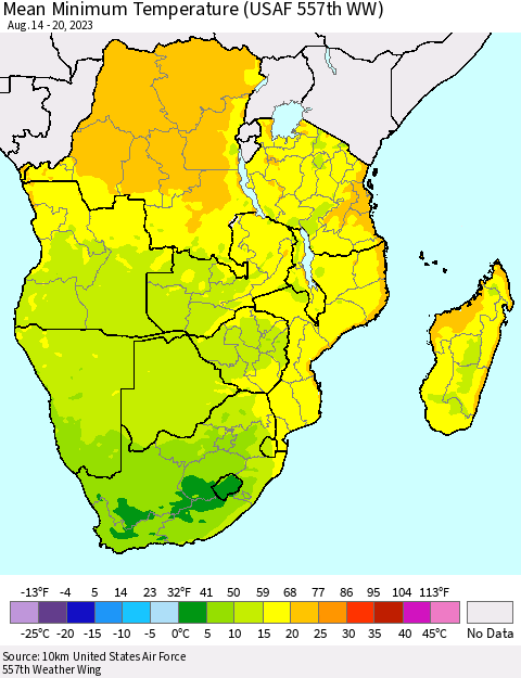 Southern Africa Mean Minimum Temperature (USAF 557th WW) Thematic Map For 8/14/2023 - 8/20/2023