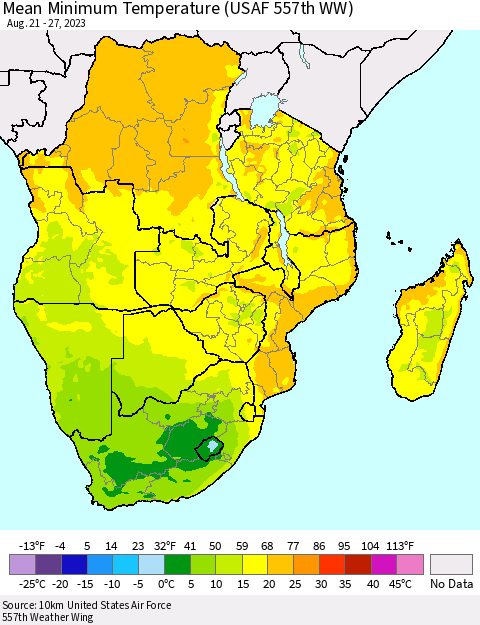 Southern Africa Mean Minimum Temperature (USAF 557th WW) Thematic Map For 8/21/2023 - 8/27/2023