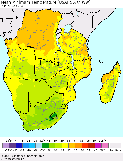 Southern Africa Mean Minimum Temperature (USAF 557th WW) Thematic Map For 8/28/2023 - 9/3/2023