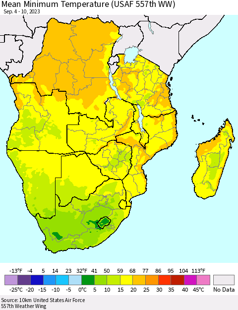 Southern Africa Mean Minimum Temperature (USAF 557th WW) Thematic Map For 9/4/2023 - 9/10/2023