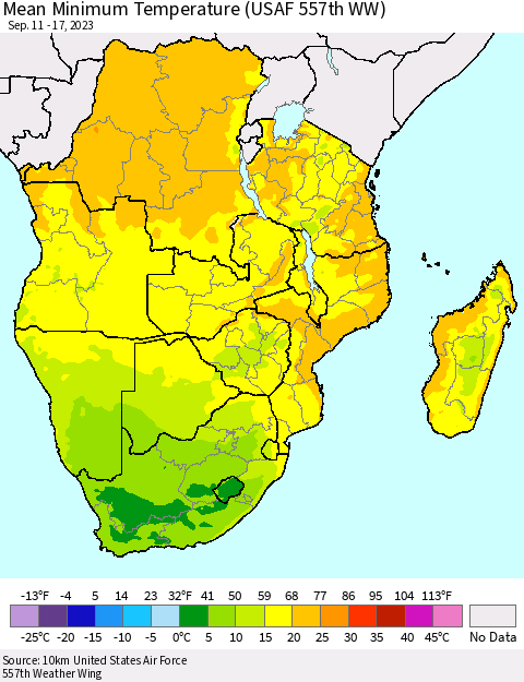 Southern Africa Mean Minimum Temperature (USAF 557th WW) Thematic Map For 9/11/2023 - 9/17/2023