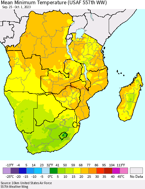 Southern Africa Mean Minimum Temperature (USAF 557th WW) Thematic Map For 9/25/2023 - 10/1/2023