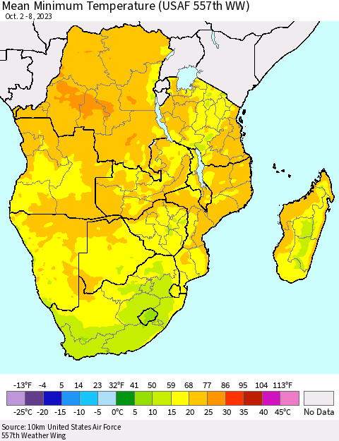 Southern Africa Mean Minimum Temperature (USAF 557th WW) Thematic Map For 10/2/2023 - 10/8/2023