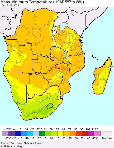 Southern Africa Mean Minimum Temperature (USAF 557th WW) Thematic Map For 10/9/2023 - 10/15/2023