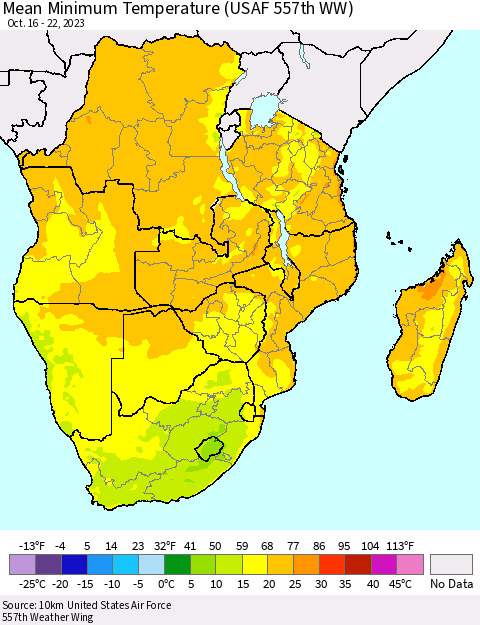 Southern Africa Mean Minimum Temperature (USAF 557th WW) Thematic Map For 10/16/2023 - 10/22/2023