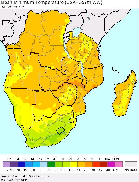 Southern Africa Mean Minimum Temperature (USAF 557th WW) Thematic Map For 10/23/2023 - 10/29/2023